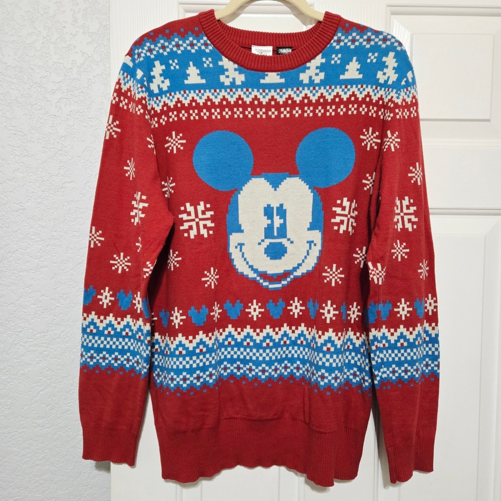 Disney Mickey Mouse Ugly Christmas Sweater Red Blue Large Cotton Acrylic